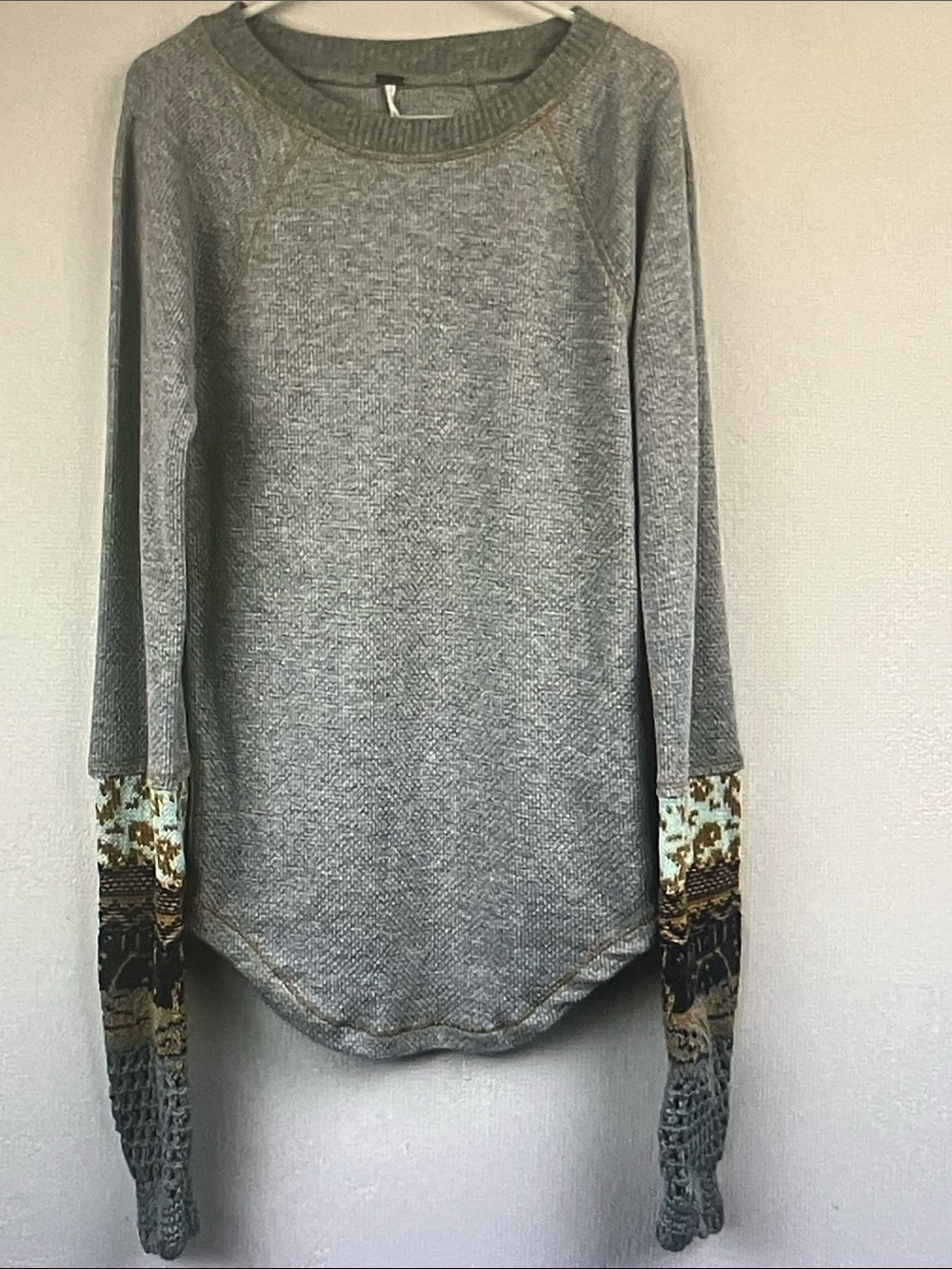 Free People Heather Gray Knit Pullover with Patterned Sleeve Panels